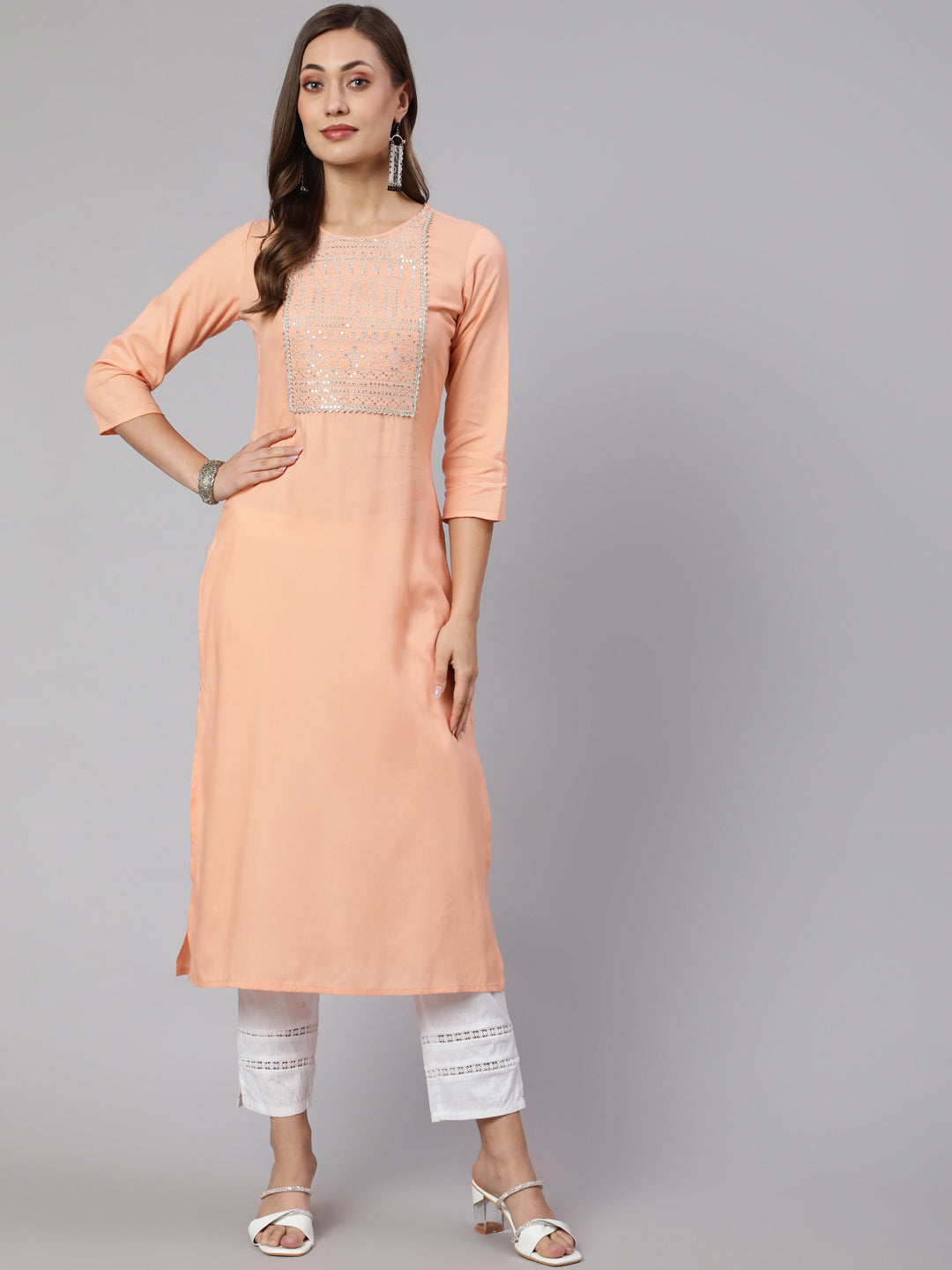 Women Peach Embroidered Straight Kurta With Three Quarter Sleeves | LASVINI - Redefining Indian Fashion with Elegance