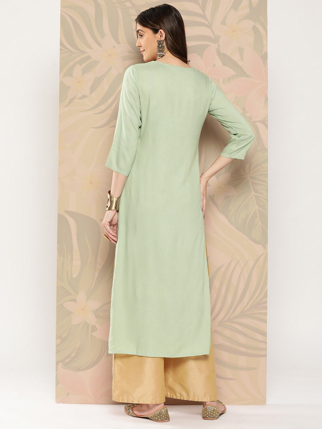 Women Green Embroidered Printed Straight Kurta With Three Quarter Sleeves | LASVINI - Redefining Indian Fashion with Elegance