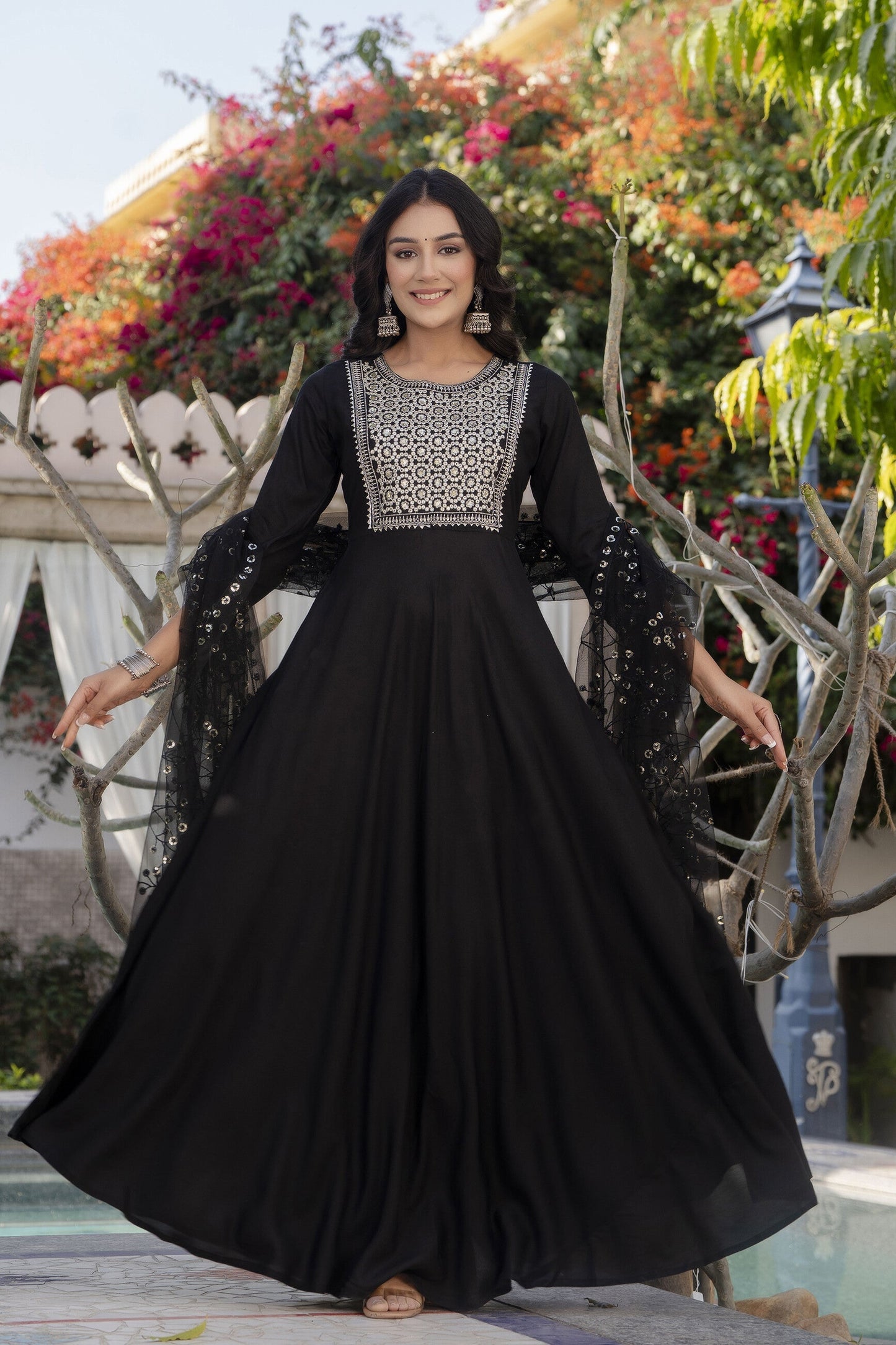 Women Black Embroidered Solid Dress With Net Sequence Dupatta | LASVINI - Redefining Indian Fashion with Elegance