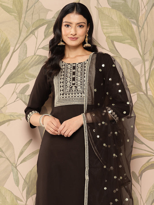 Women Brown Embroidered Straight Kurta With Palazzo And Dupatta | LASVINI - Redefining Indian Fashion with Elegance