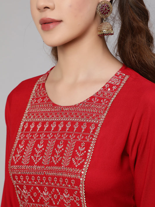 Women Red Embroidered Straight Kurta With Palazzo And Net Dupatta | LASVINI - Redefining Indian Fashion with Elegance