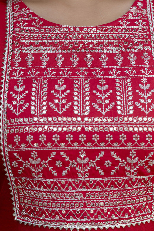 Women Red Embroidered Straight Kurta With Trouser And Net Dupatta | LASVINI - Redefining Indian Fashion with Elegance