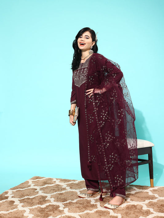 Women Burgundy Embroidered Straight Kurta With Palazzo And Net Dupatta | LASVINI - Redefining Indian Fashion with Elegance