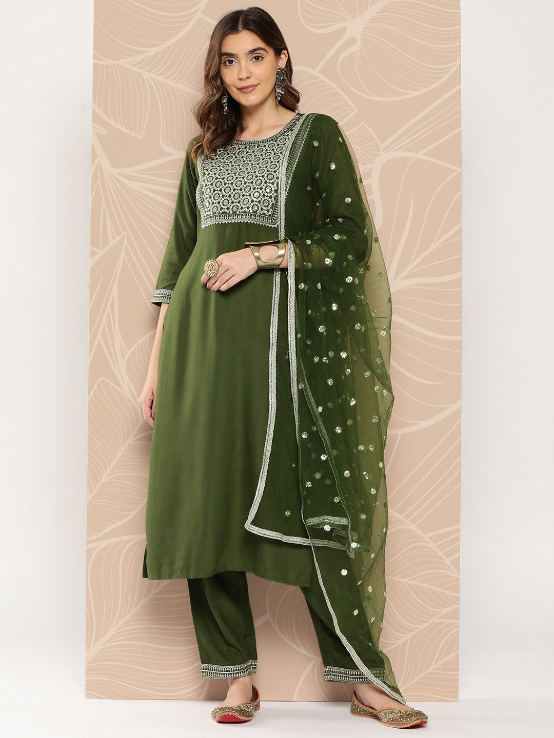 Women Green Embroidered Straight Kurta With Palazzo And Dupatta | LASVINI - Redefining Indian Fashion with Elegance