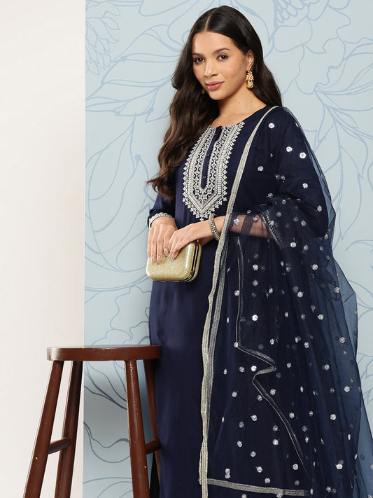 Women Navy Blue Embroidered Straight Kurta With Palazzo And Net Dupatta | LASVINI - Redefining Indian Fashion with Elegance