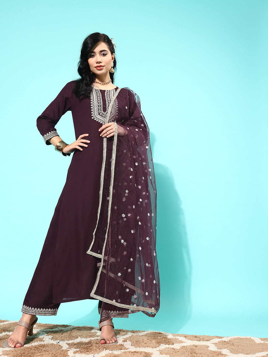 Women Dark Purple Embroidered Straight Kurta With Palazzo And Net Dupatta | LASVINI - Redefining Indian Fashion with Elegance