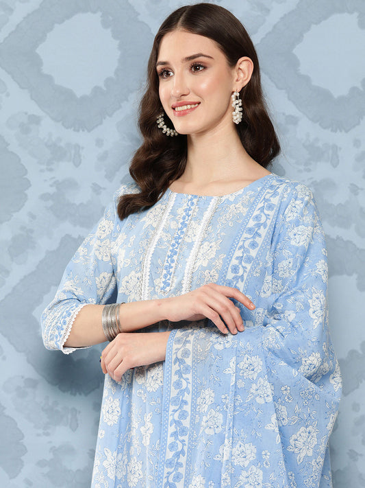 Women Blue Printed Flared Kurta And Trouser With Dupatta | LASVINI - Redefining Indian Fashion with Elegance