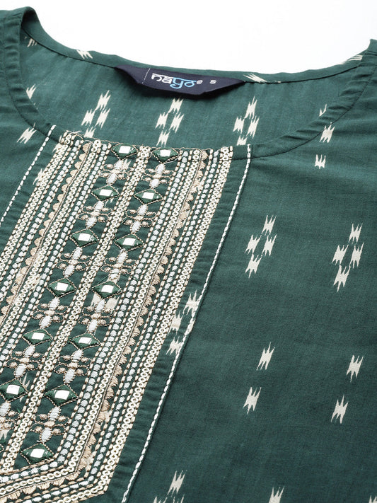 Women Green Embroidered Yoke Design Straight Kurta | LASVINI - Redefining Indian Fashion with Elegance