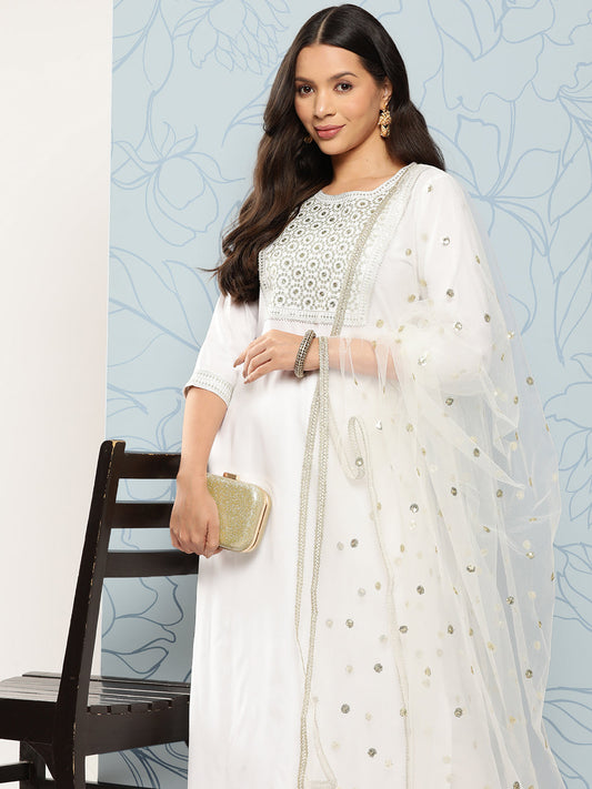 Women White Embroidered Straight Kurta With Palazzo And Net Dupatta | LASVINI - Redefining Indian Fashion with Elegance