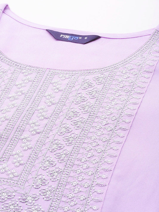 Women Lavender Embroidered Straight Kurta With Palazzo & Dupatta | LASVINI - Redefining Indian Fashion with Elegance