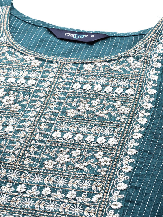 Women Teal Blue Embroidered Yoke Design Straight Kurta | LASVINI - Redefining Indian Fashion with Elegance