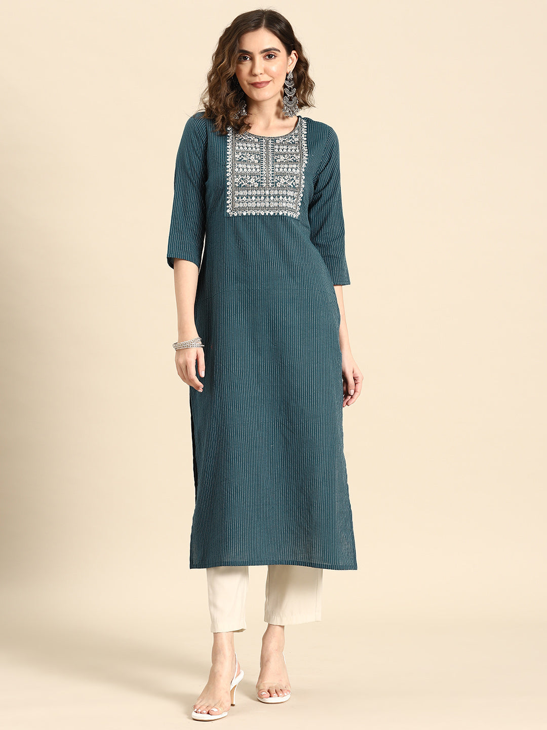 Women Teal Blue Embroidered Yoke Design Straight Kurta | LASVINI - Redefining Indian Fashion with Elegance