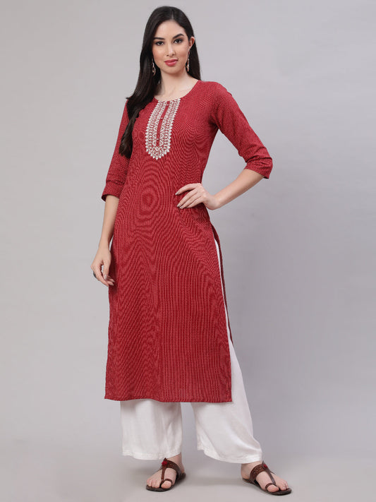 Women Maroon Embroidered Yoke Design Straight Kurta | LASVINI - Redefining Indian Fashion with Elegance