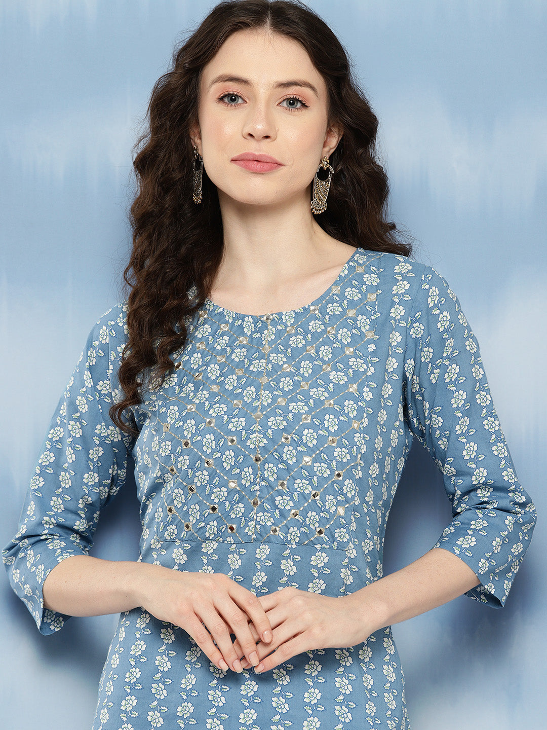 Women Blue Embroidered Yoke Design Straight Kurta | LASVINI - Redefining Indian Fashion with Elegance