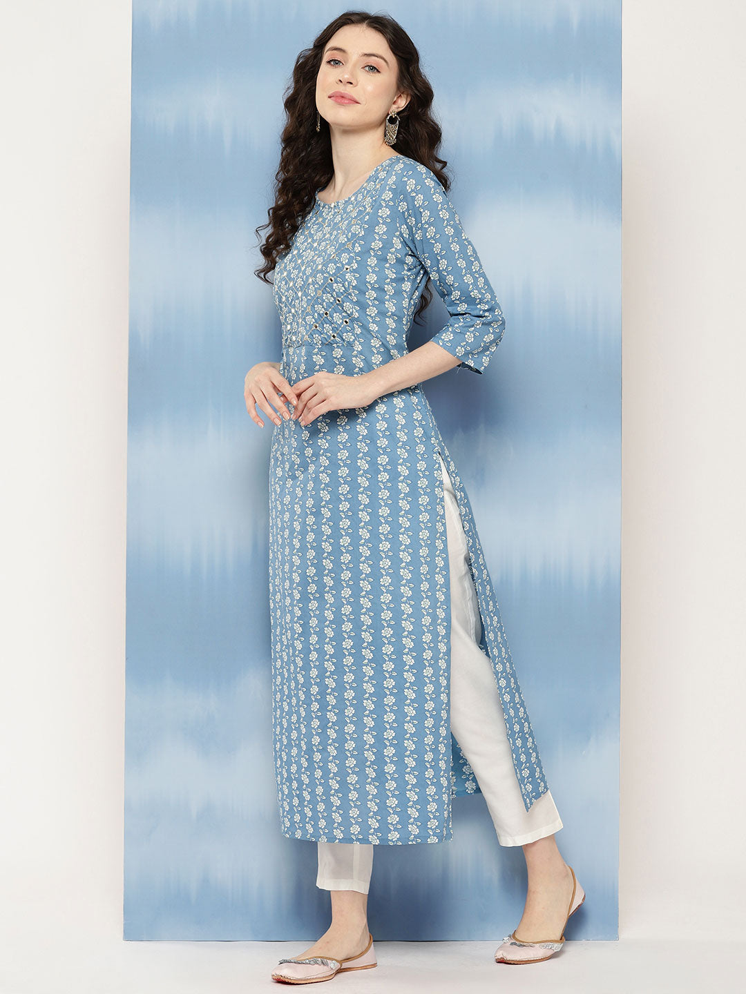 Women Blue Embroidered Yoke Design Straight Kurta | LASVINI - Redefining Indian Fashion with Elegance