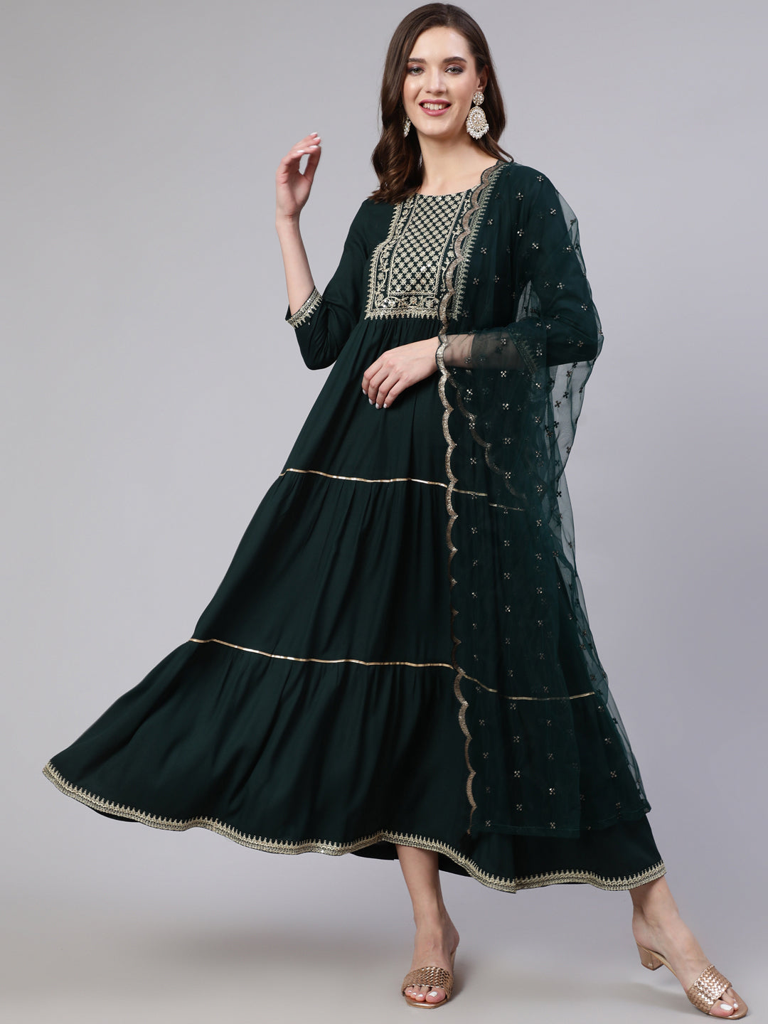 Women Green Embroidered Flared Dress With Net Dupatta | LASVINI - Redefining Indian Fashion with Elegance