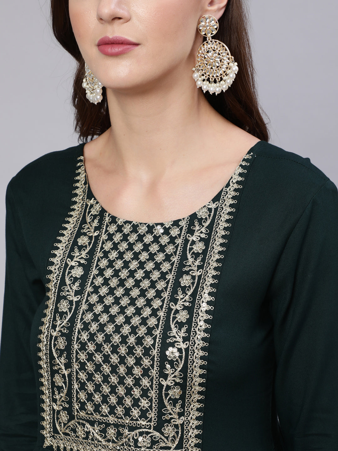 Women Green Embroidered Flared Dress With Net Dupatta | LASVINI - Redefining Indian Fashion with Elegance