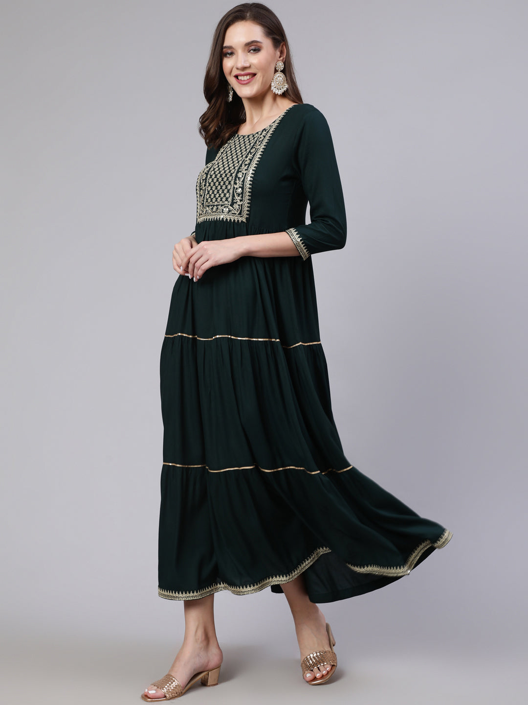 Women Green Embroidered Flared Dress With Net Dupatta | LASVINI - Redefining Indian Fashion with Elegance