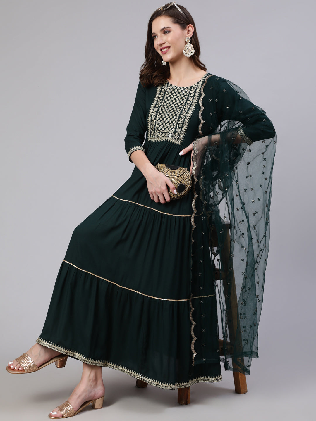 Women Green Embroidered Flared Dress With Net Dupatta | LASVINI - Redefining Indian Fashion with Elegance