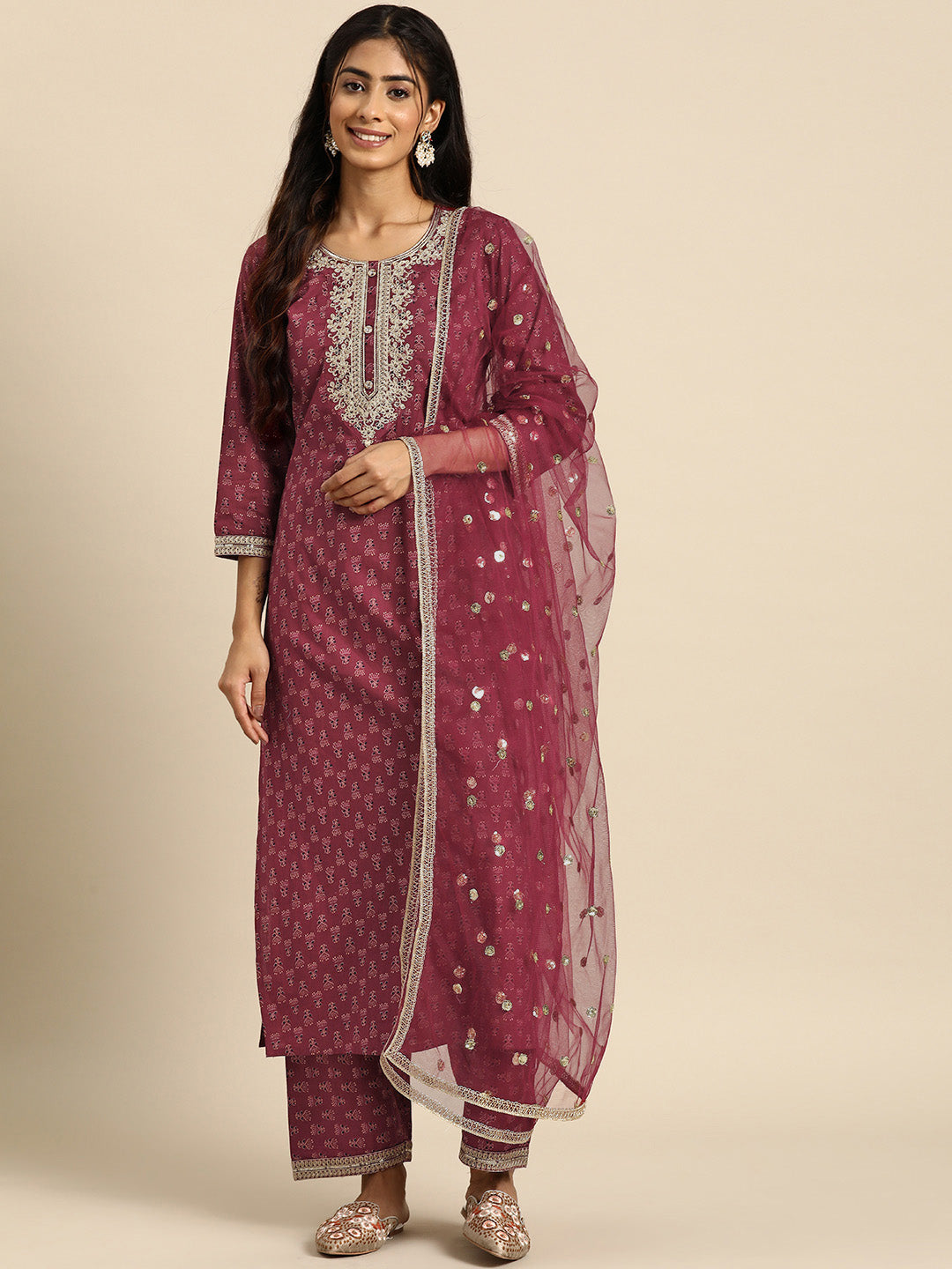 Women Burgundy Embroidered Straight Kurta With Palazzo And Net Dupatta | LASVINI - Redefining Indian Fashion with Elegance