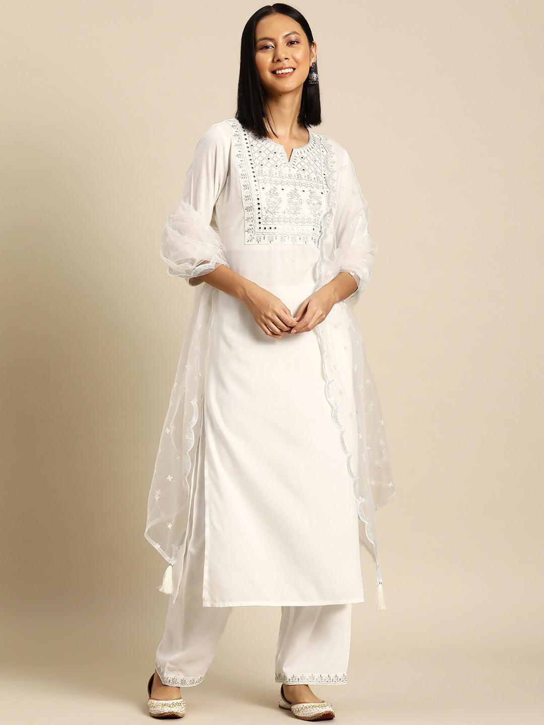 Women White Embroidered Straight Kurta With Palazzo And Net Dupatta | LASVINI - Redefining Indian Fashion with Elegance