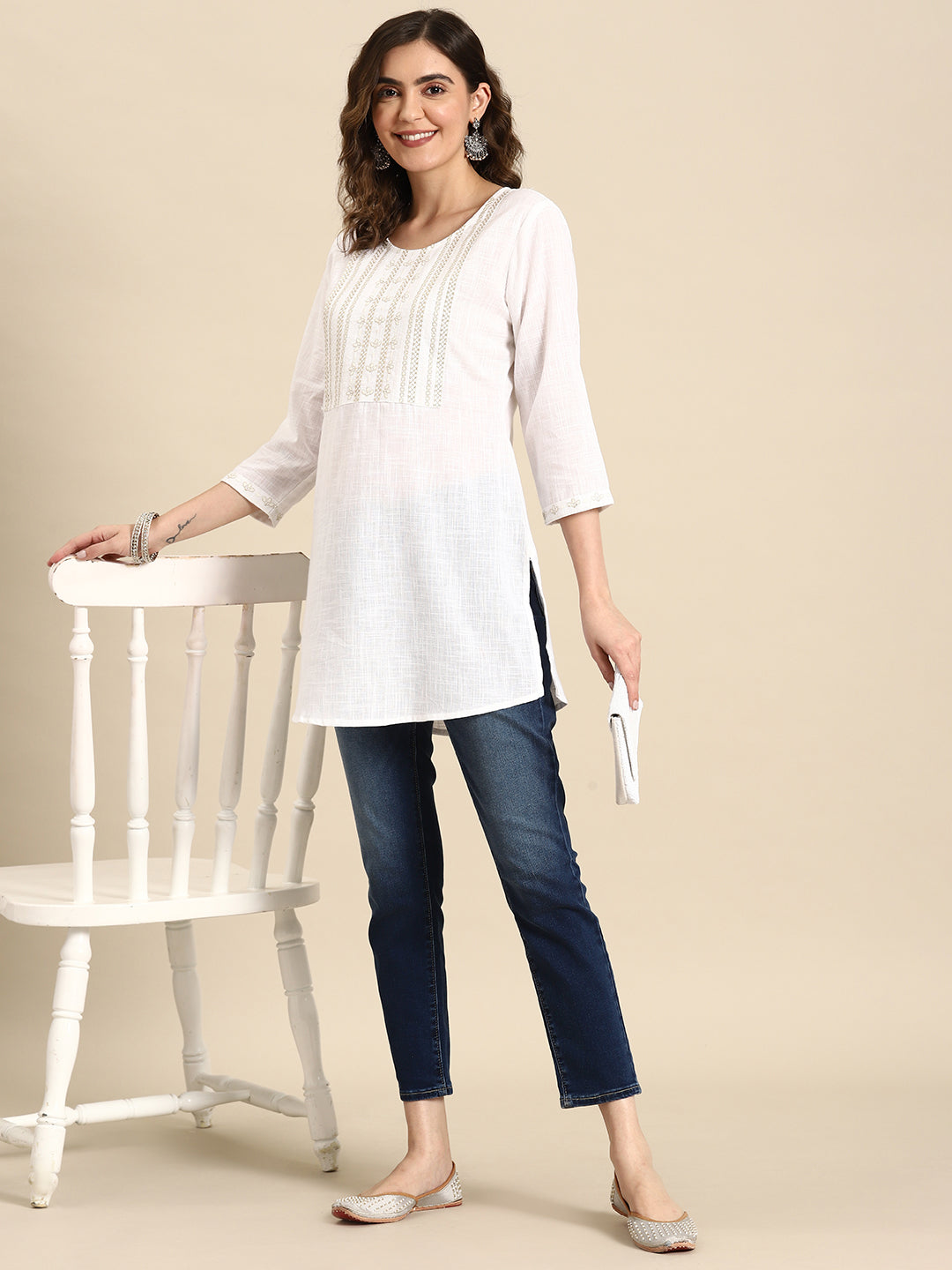 Women Off-White Embroidered Straight Tunic With Three Quarter Sleeves | LASVINI - Redefining Indian Fashion with Elegance