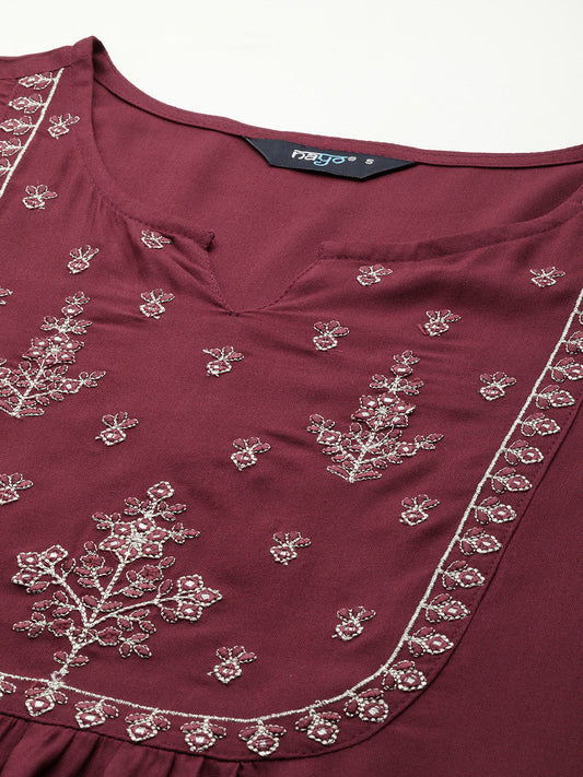 Women Maroon Embroidered Yoke Straight Tunic With Three Quarter Sleeves | LASVINI - Redefining Indian Fashion with Elegance