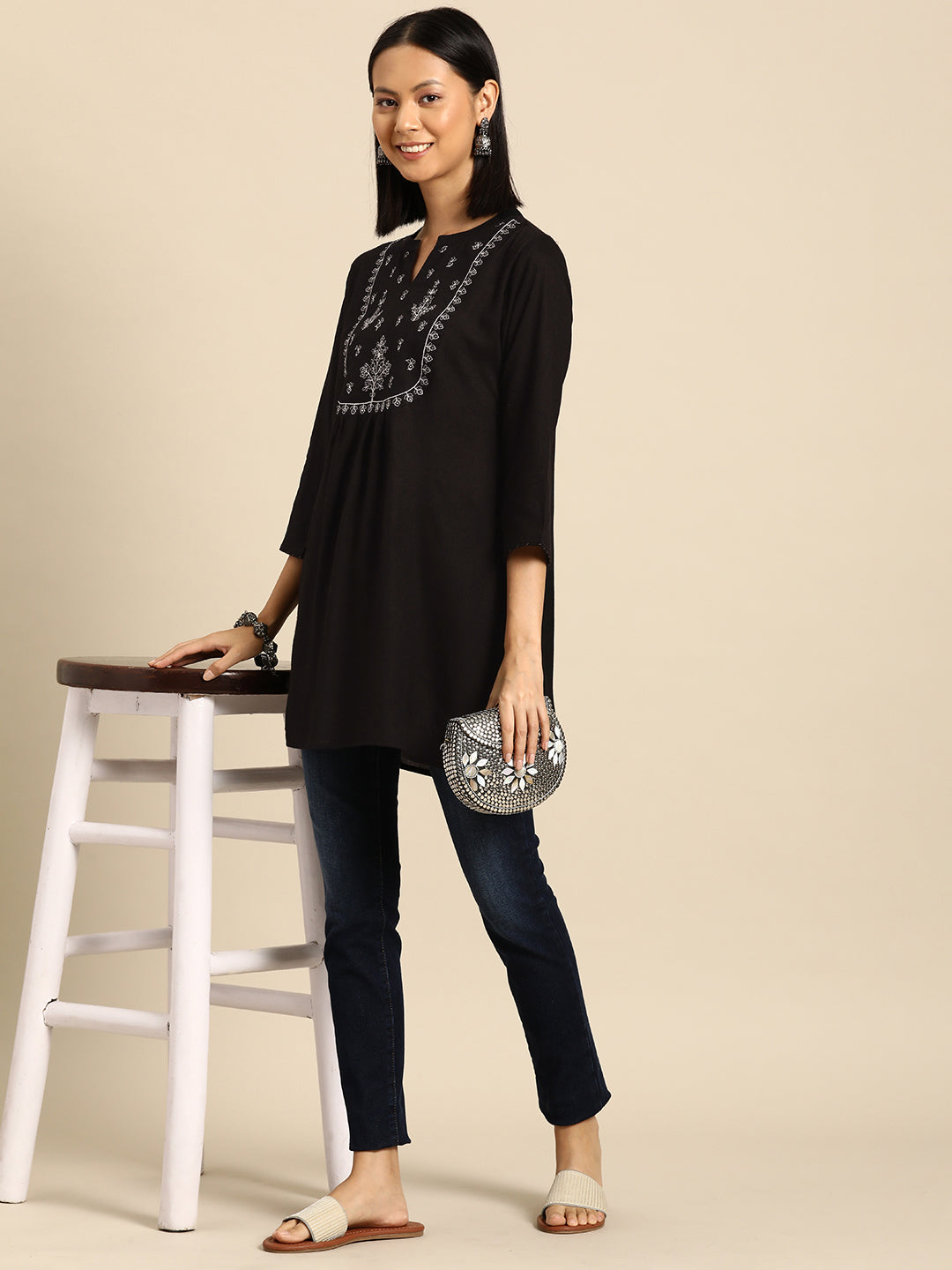 Women Black Embroidered Yoke Straight Tunic With Three Quarter Sleeves | LASVINI - Redefining Indian Fashion with Elegance