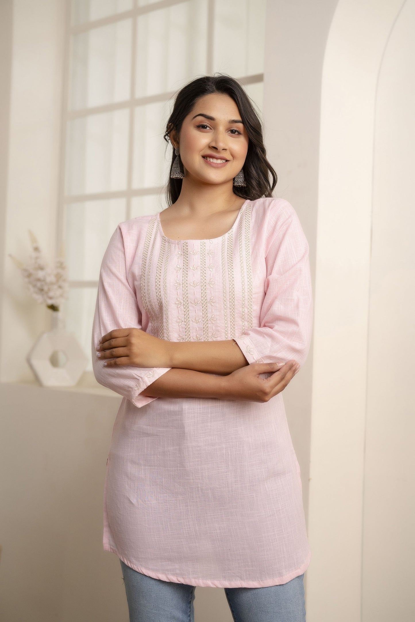 Women Pink Embroidered Yoke Straight Tunic With Three Quarter Sleeves | LASVINI - Redefining Indian Fashion with Elegance