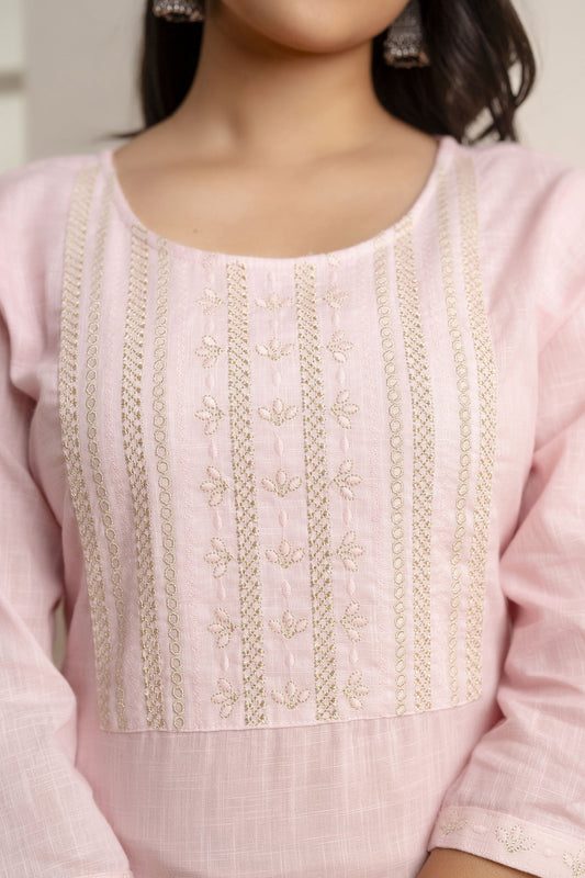 Women Pink Embroidered Yoke Straight Tunic With Three Quarter Sleeves | LASVINI - Redefining Indian Fashion with Elegance