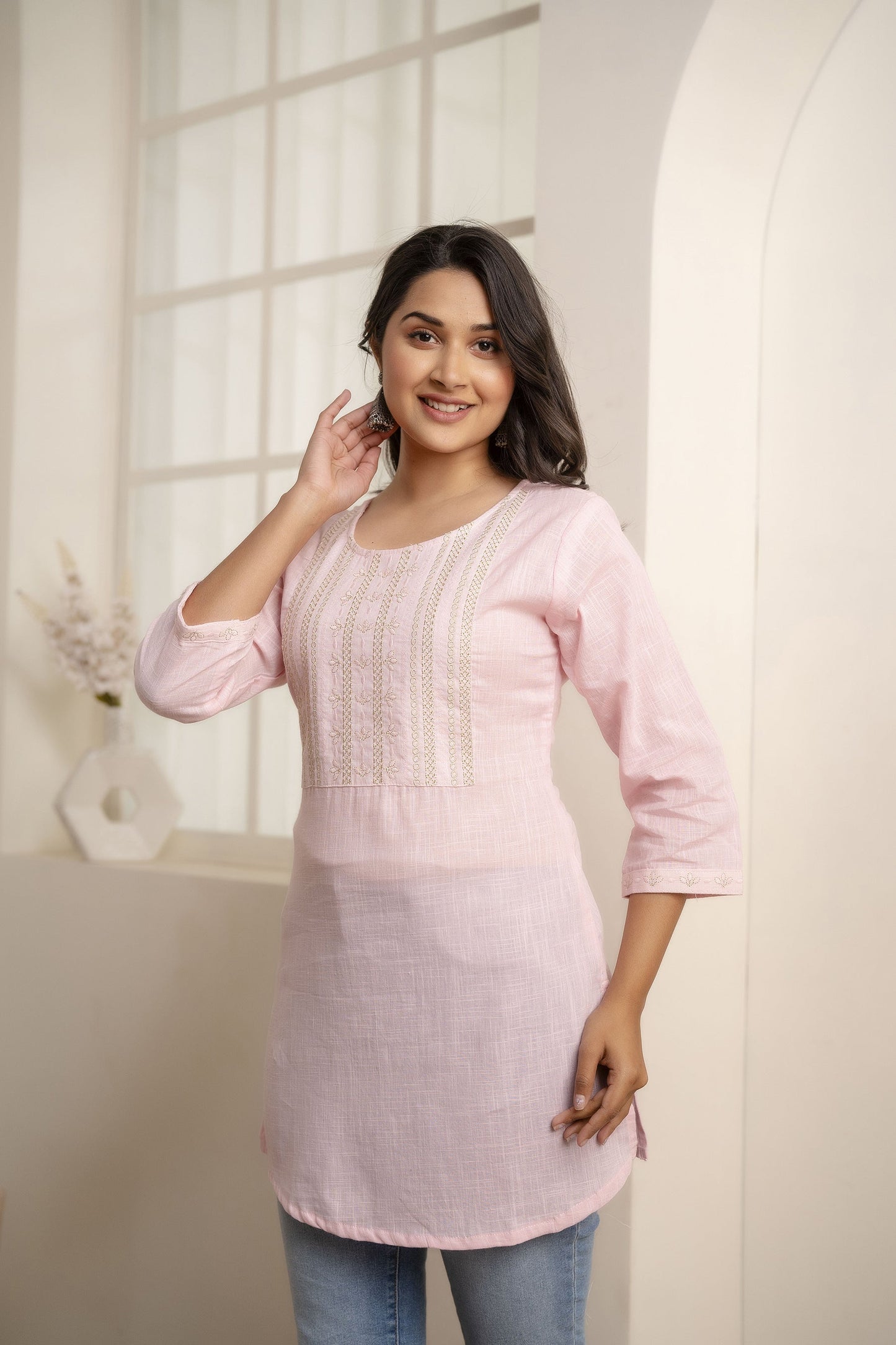 Women Pink Embroidered Yoke Straight Tunic With Three Quarter Sleeves | LASVINI - Redefining Indian Fashion with Elegance