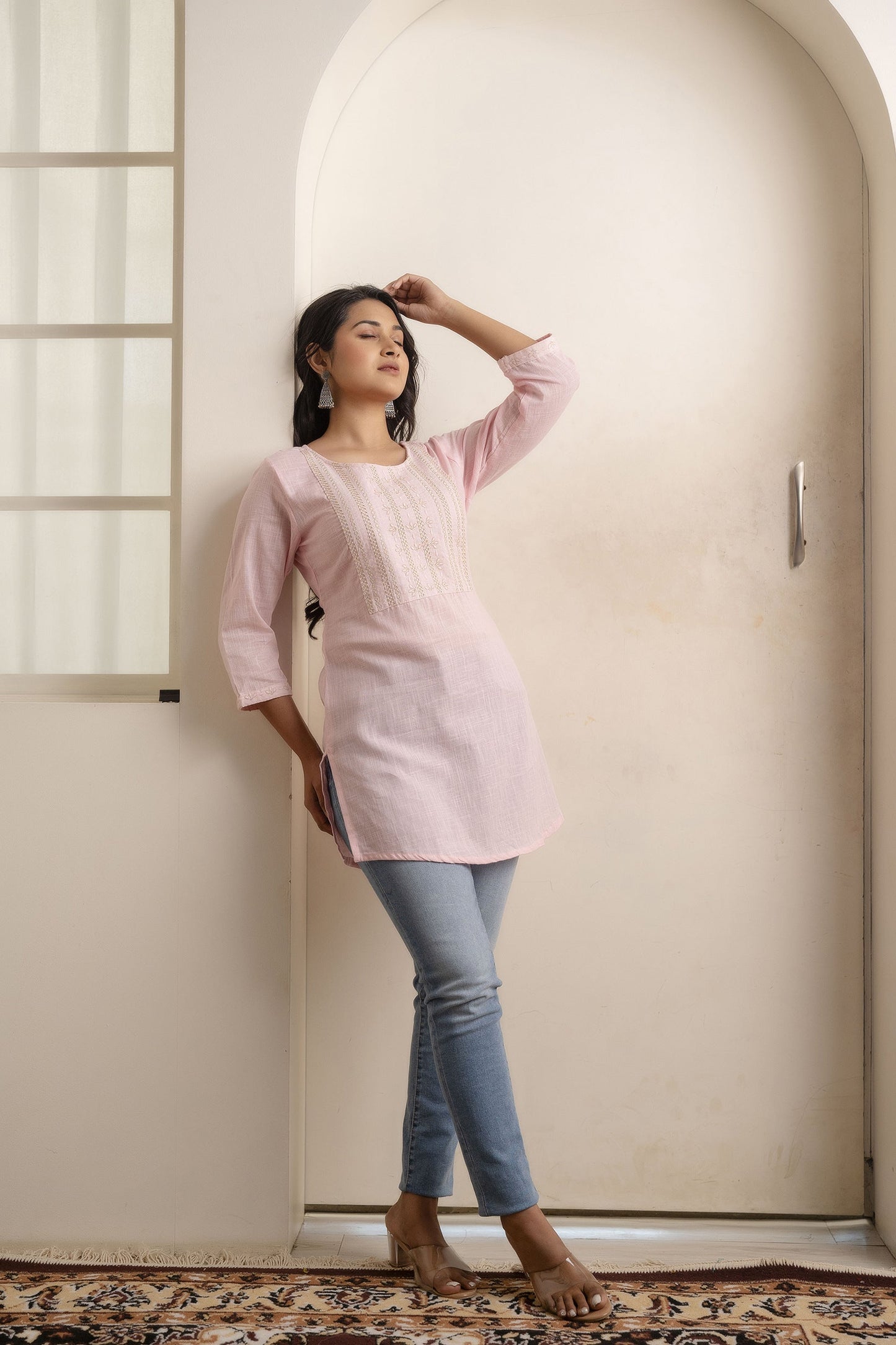 Women Pink Embroidered Yoke Straight Tunic With Three Quarter Sleeves | LASVINI - Redefining Indian Fashion with Elegance
