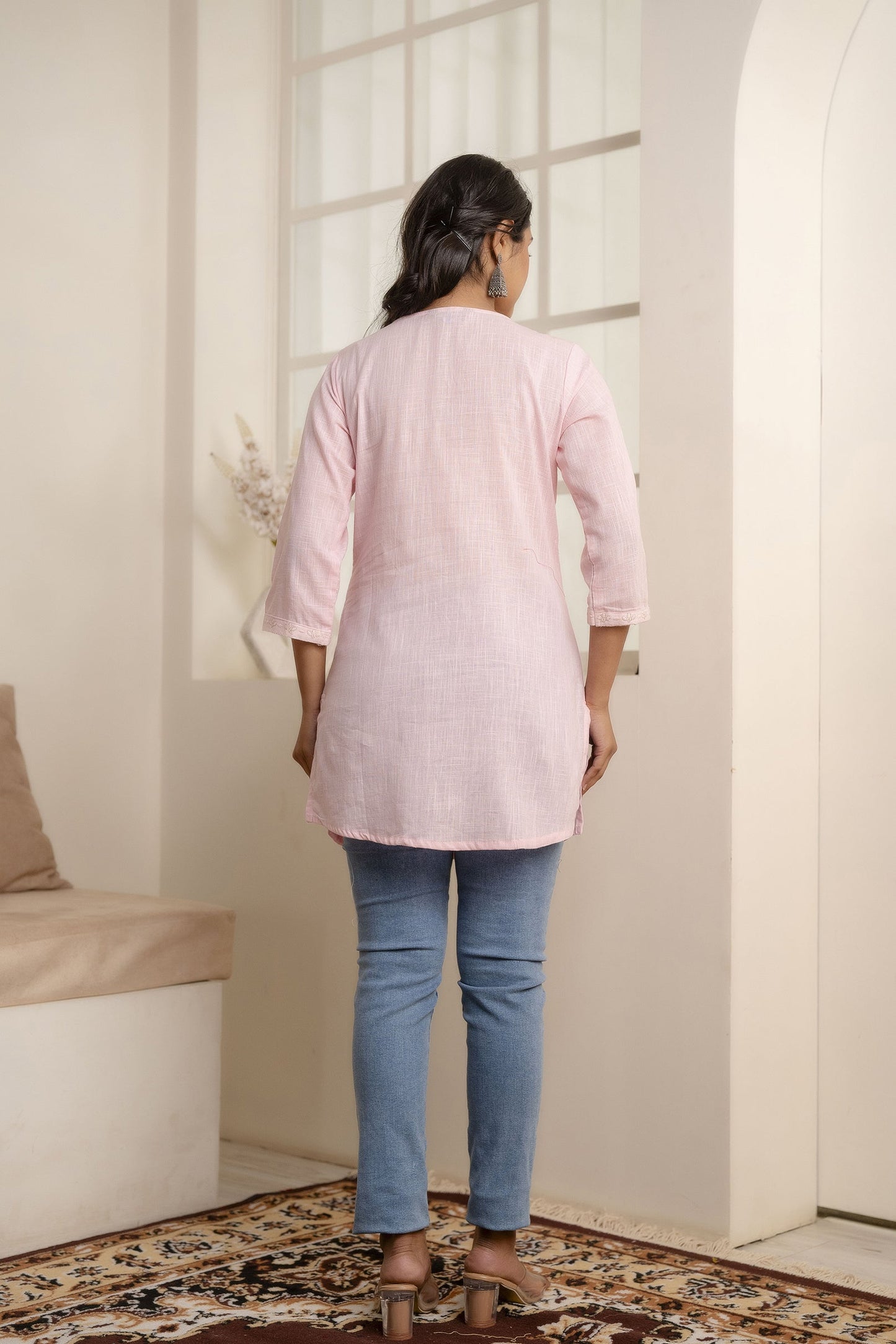 Women Pink Embroidered Yoke Straight Tunic With Three Quarter Sleeves | LASVINI - Redefining Indian Fashion with Elegance