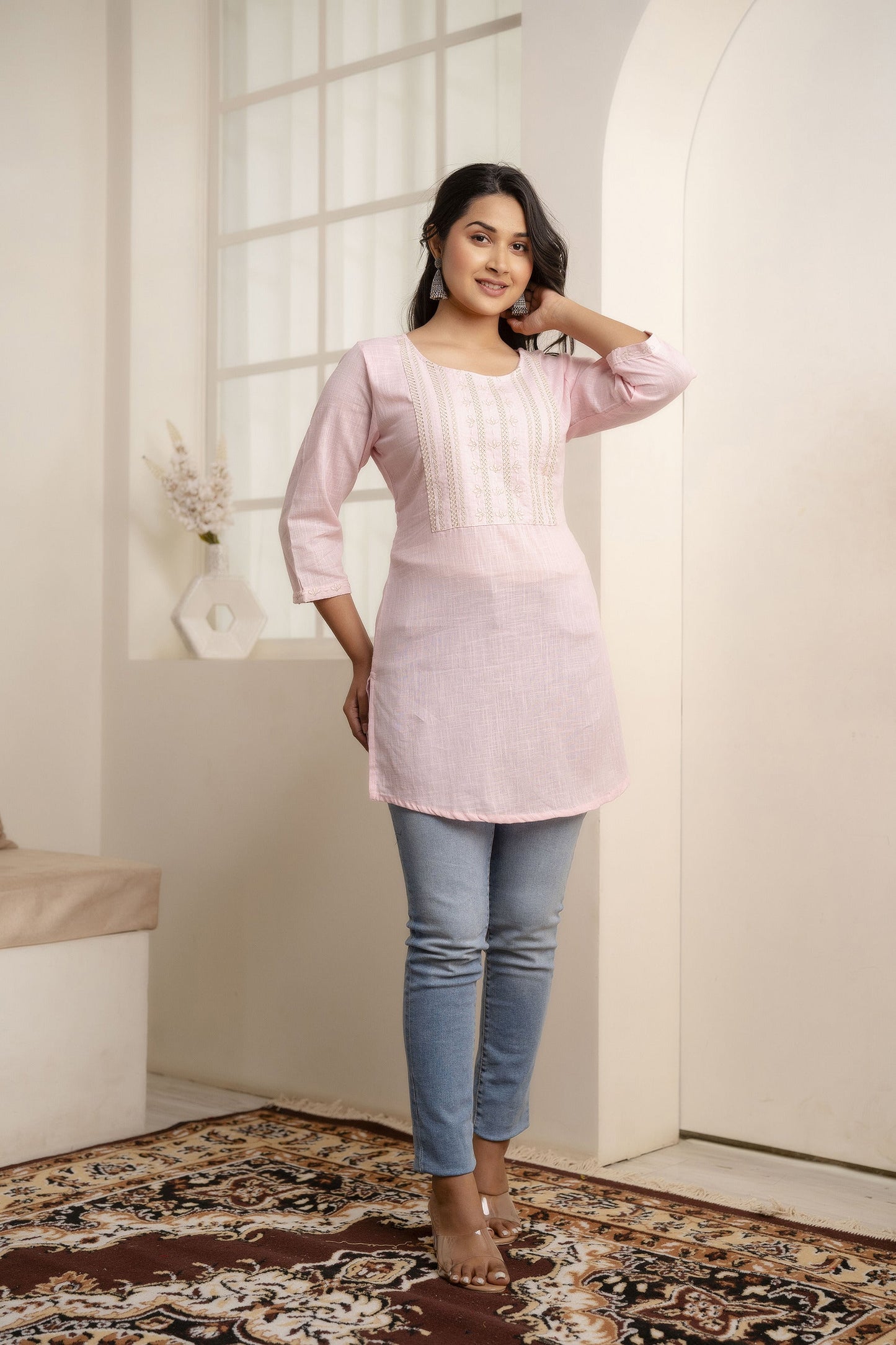 Women Pink Embroidered Yoke Straight Tunic With Three Quarter Sleeves | LASVINI - Redefining Indian Fashion with Elegance