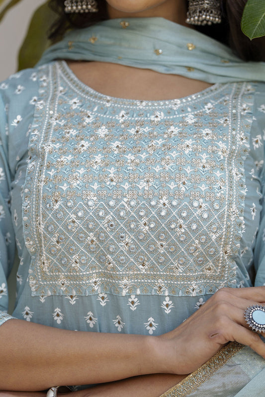 Women Blue Embroidered Straight Kurta With Trouser And Dupatta | LASVINI - Redefining Indian Fashion with Elegance