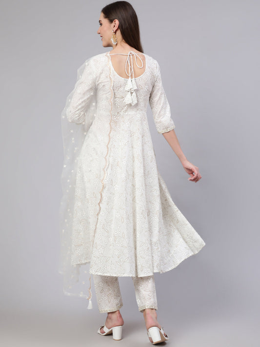 Women White Embroidered Flared Kurta With Trouser And Dupatta | LASVINI - Redefining Indian Fashion with Elegance