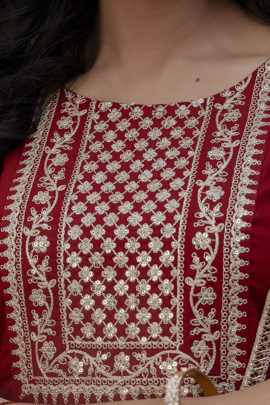 Women Maroon Embroidered Naira Cut Kurta With Trouser And Net Dupatta | LASVINI - Redefining Indian Fashion with Elegance