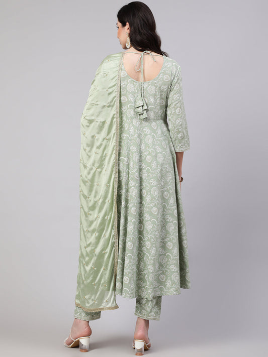 Women Green Embroidered Flared Kurta With Trouser And Dupatta | LASVINI - Redefining Indian Fashion with Elegance