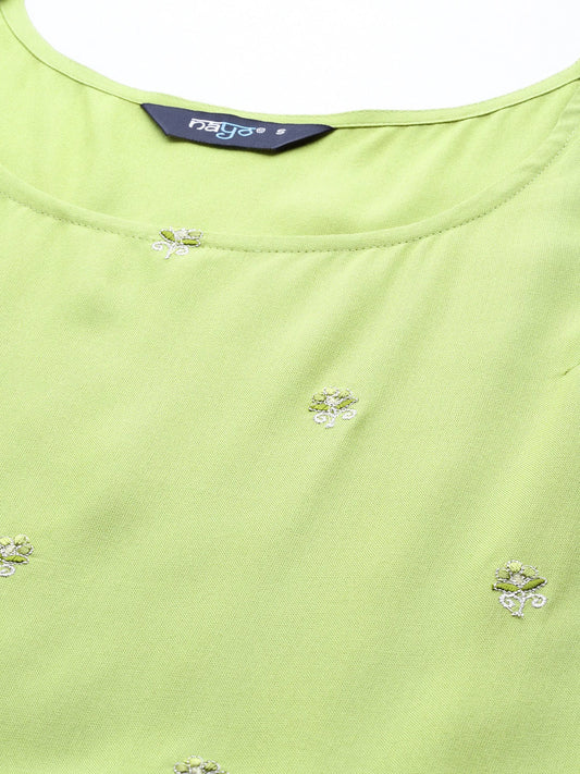 Women Green Embroidered Flared Dress With Printed Jacket | LASVINI - Redefining Indian Fashion with Elegance