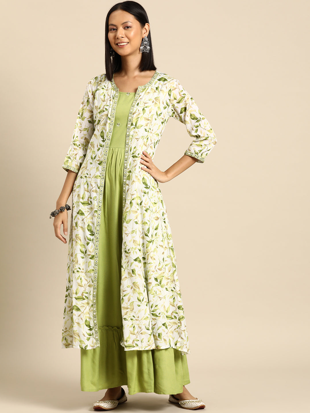 Women Green Embroidered Flared Dress With Printed Jacket | LASVINI - Redefining Indian Fashion with Elegance
