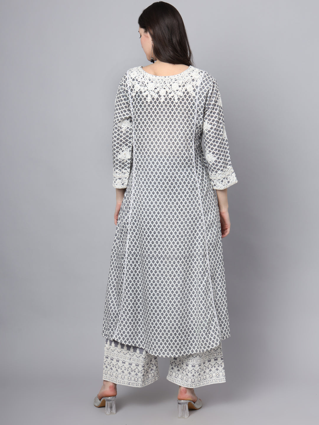 White Blue Motif Print Rayon Kurta Palazzo Sets For Women | LASVINI - Redefining Indian Fashion with Elegance
