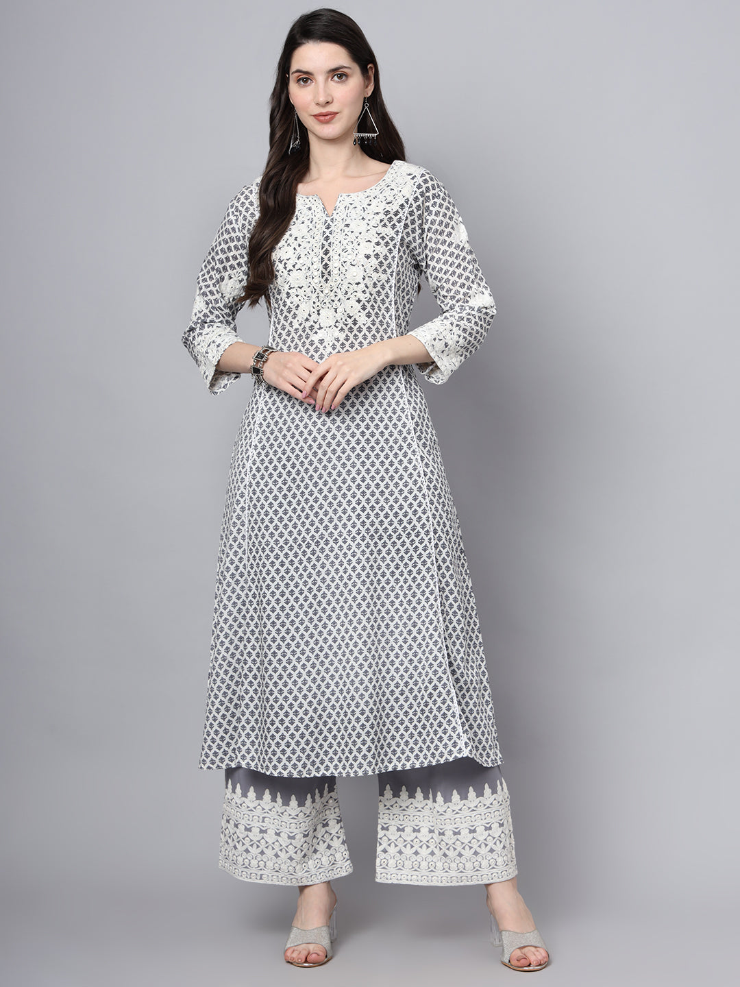 White Blue Motif Print Rayon Kurta Palazzo Sets For Women | LASVINI - Redefining Indian Fashion with Elegance