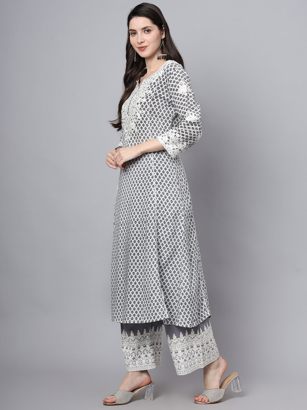 White Blue Motif Print Rayon Kurta Palazzo Sets For Women | LASVINI - Redefining Indian Fashion with Elegance