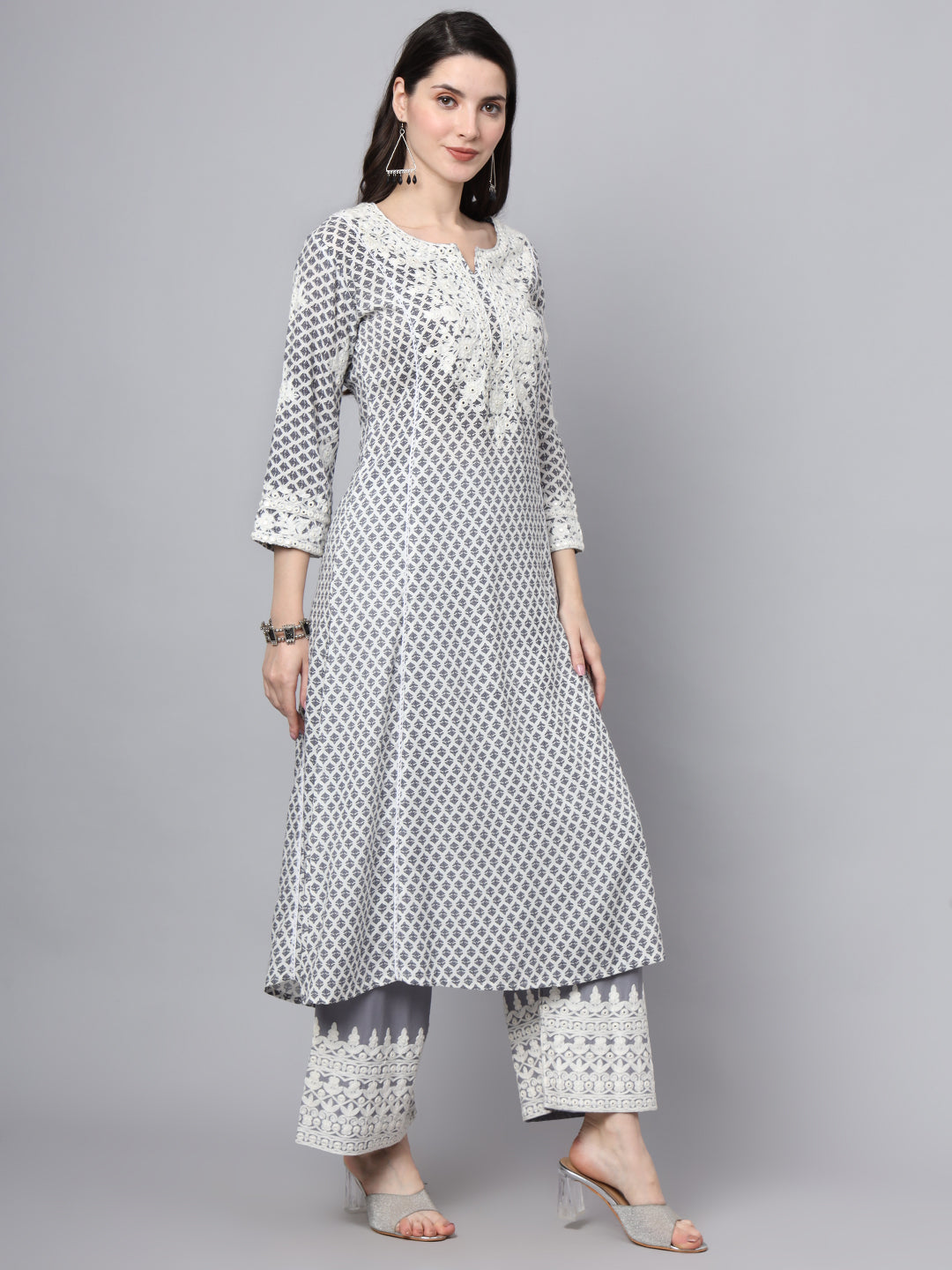 White Blue Motif Print Rayon Kurta Palazzo Sets For Women | LASVINI - Redefining Indian Fashion with Elegance