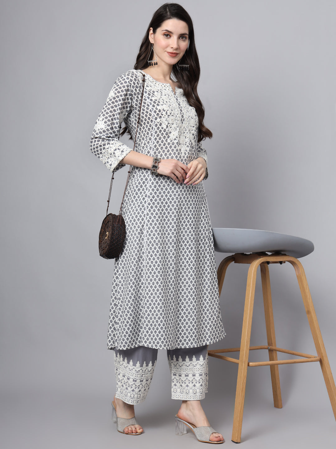 White Blue Motif Print Rayon Kurta Palazzo Sets For Women | LASVINI - Redefining Indian Fashion with Elegance