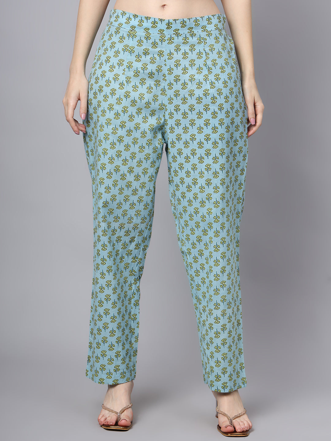 Floral Printed Sky Blue Cotton Anarkali Kurta Pant Dupatta Set | LASVINI - Redefining Indian Fashion with Elegance