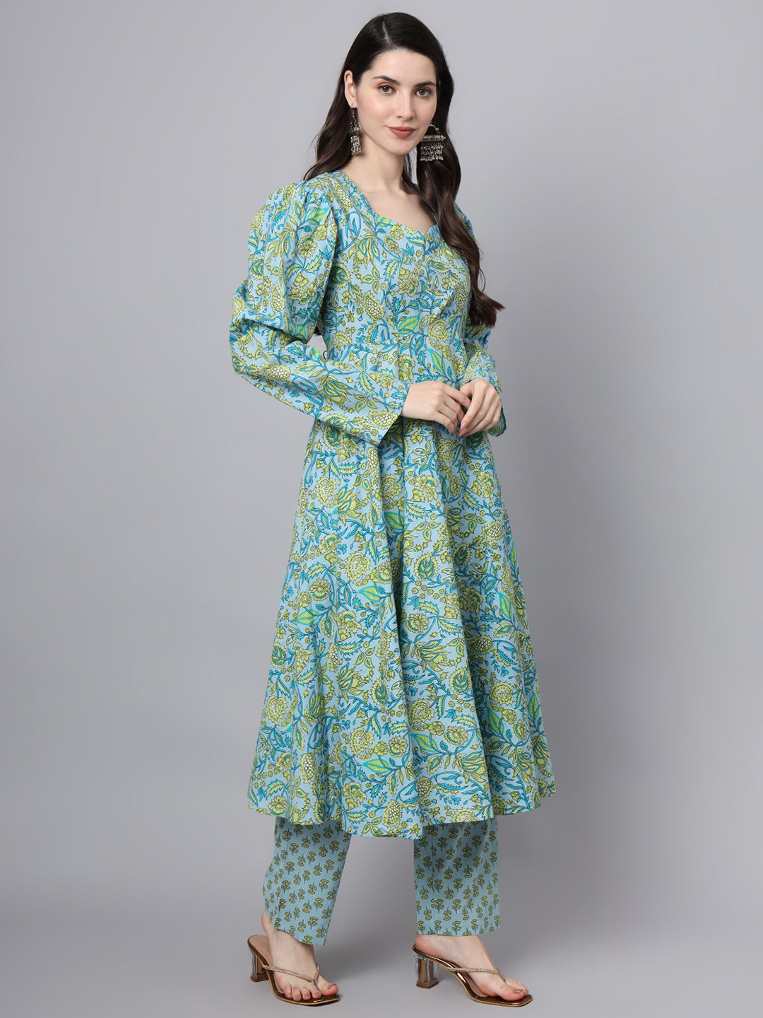 Floral Printed Sky Blue Cotton Anarkali Kurta Pant Dupatta Set | LASVINI - Redefining Indian Fashion with Elegance