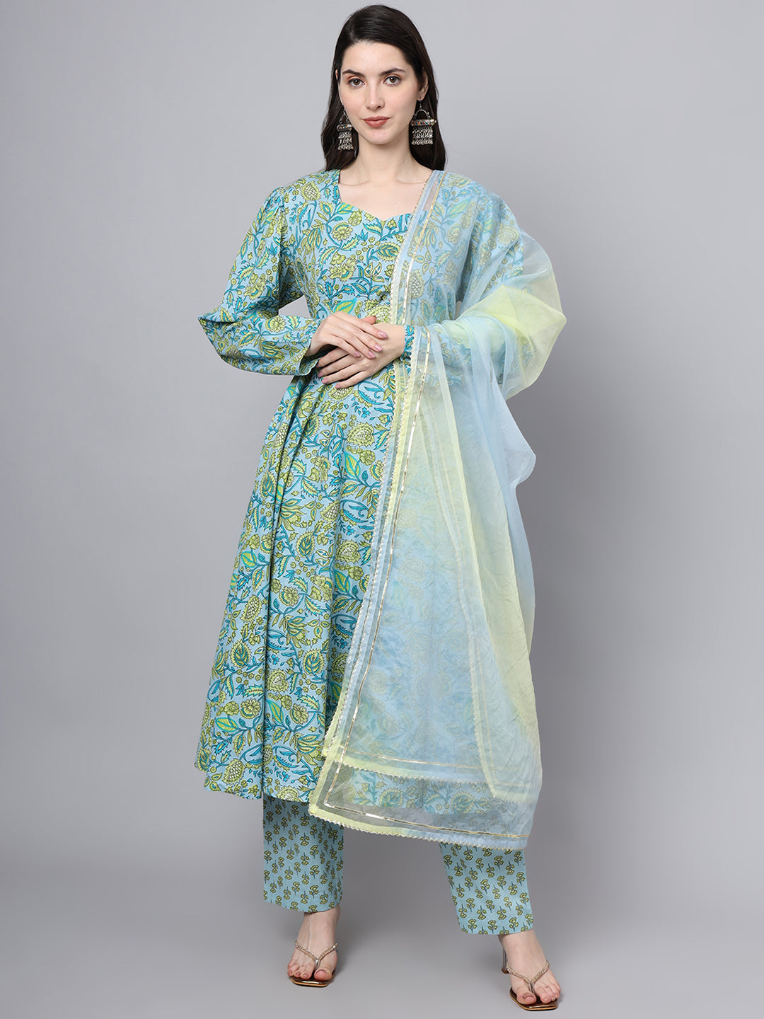 Floral Printed Sky Blue Cotton Anarkali Kurta Pant Dupatta Set | LASVINI - Redefining Indian Fashion with Elegance