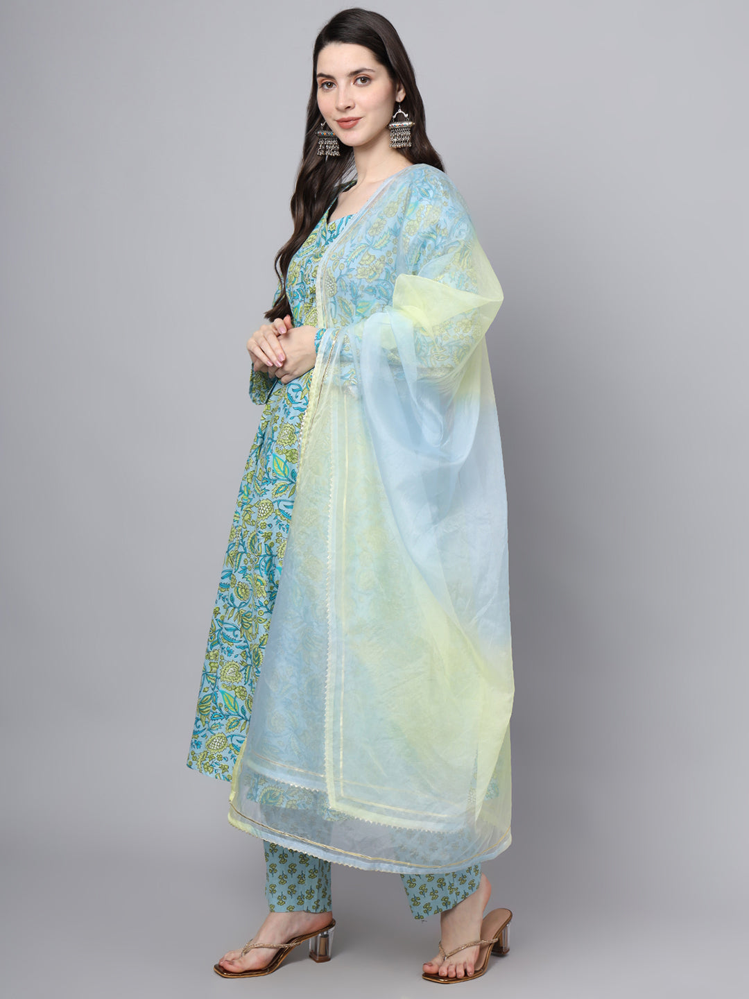 Floral Printed Sky Blue Cotton Anarkali Kurta Pant Dupatta Set | LASVINI - Redefining Indian Fashion with Elegance