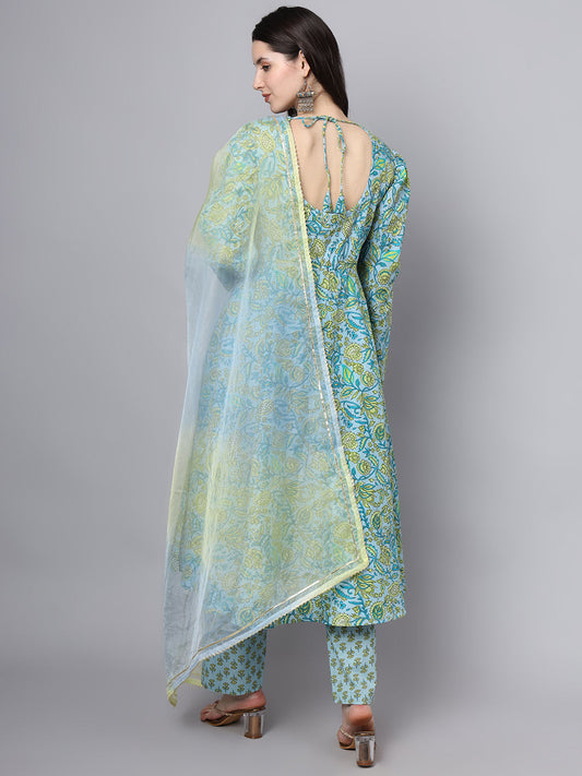 Floral Printed Sky Blue Cotton Anarkali Kurta Pant Dupatta Set | LASVINI - Redefining Indian Fashion with Elegance
